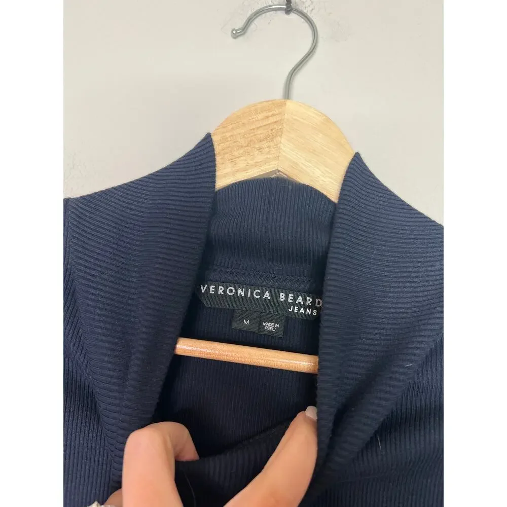 NEW Veronica Beard Freida Ruffles Turtle Neck Ribbed Long Sleeve Top Navy Blue - Picture 4 of 7